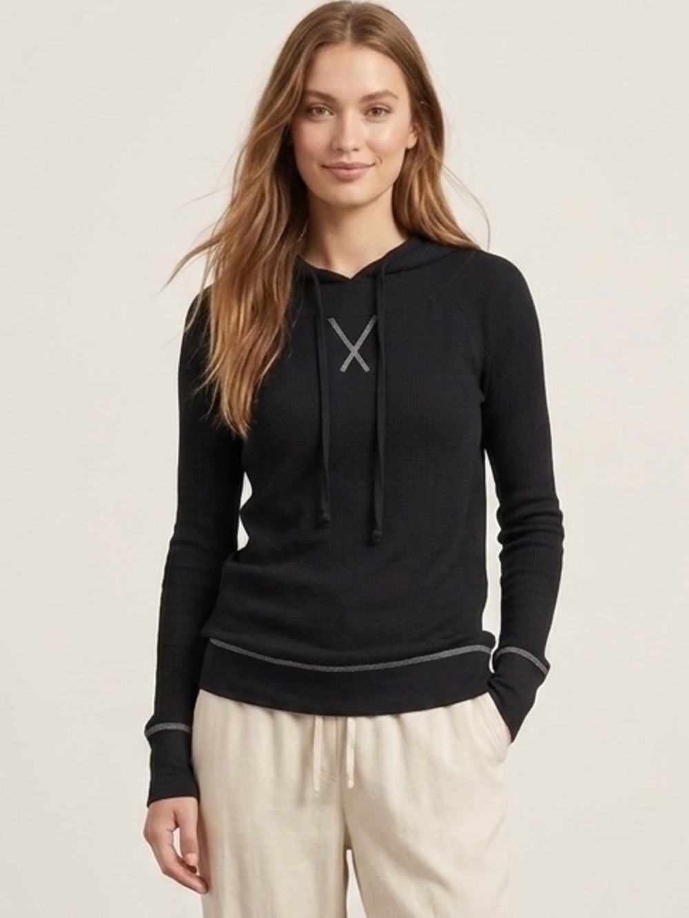 NWT Free People Intimately Black Thermal Hoodie Medium Contrast Stitching